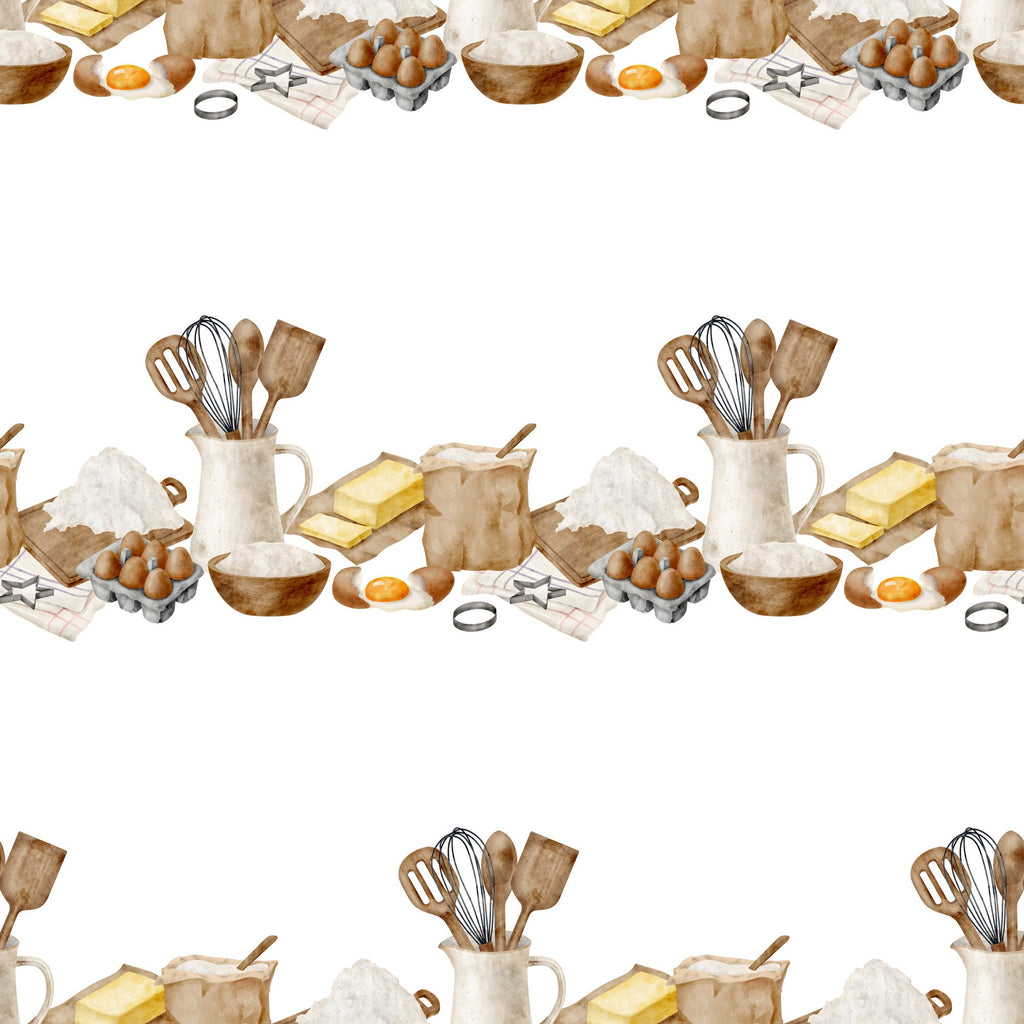 watercolor baking, kitchen utensils, cooking ingredients, eggs, flour, butter, whisk, spatula, mixing bowl, brown tones, cream colors, beige palette, baking theme, culinary pattern,, fabric panel, cooking motif, kitchen design, soft watercolors, repeating pattern