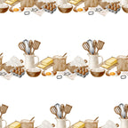 watercolor baking, kitchen utensils, cooking ingredients, eggs, flour, butter, whisk, spatula, mixing bowl, brown tones, cream colors, beige palette, baking theme, culinary pattern,, fabric panel, cooking motif, kitchen design, soft watercolors, repeating pattern