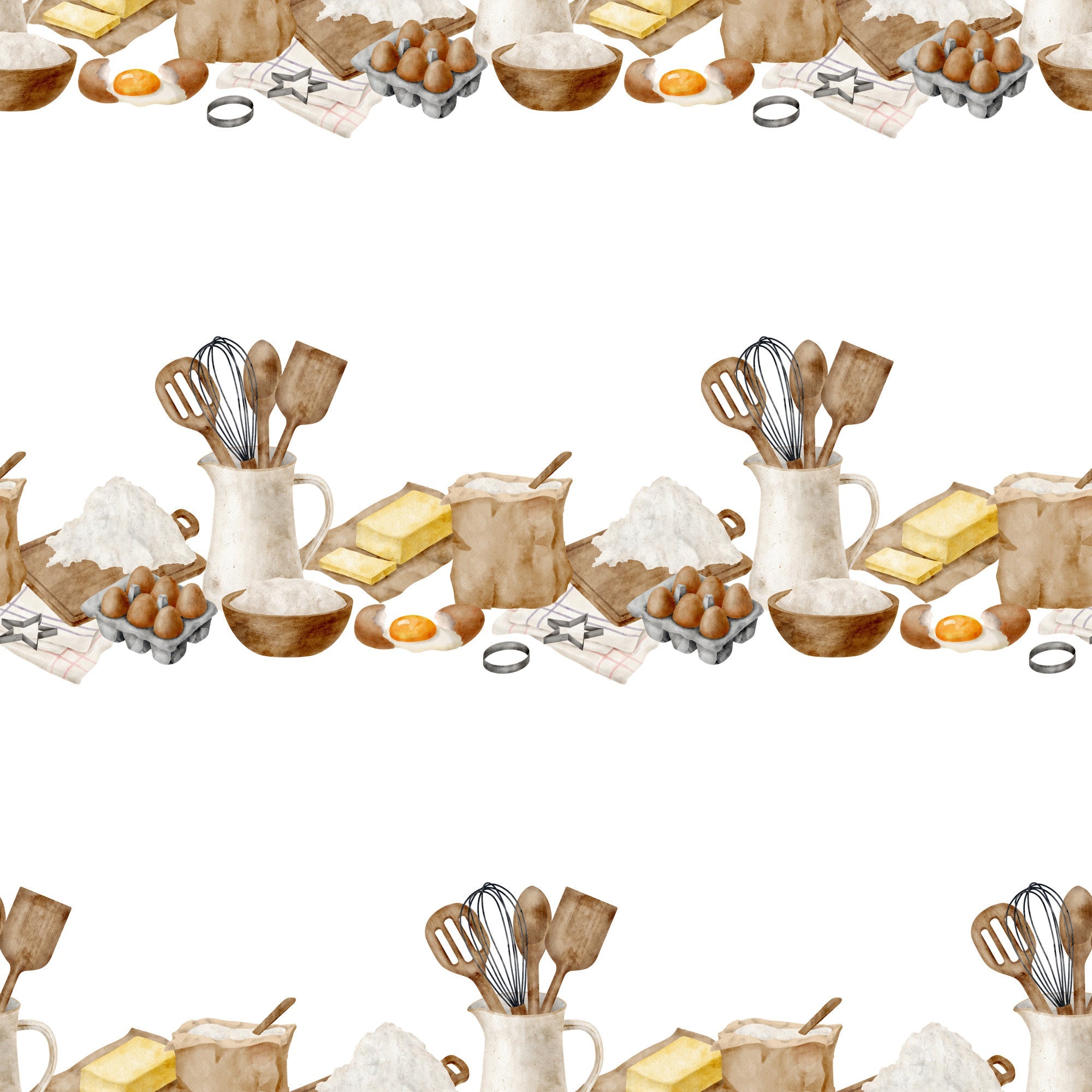 watercolor baking, kitchen utensils, cooking ingredients, eggs, flour, butter, whisk, spatula, mixing bowl, brown tones, cream colors, beige palette, baking theme, culinary pattern,, fabric panel, cooking motif, kitchen design, soft watercolors, repeating pattern