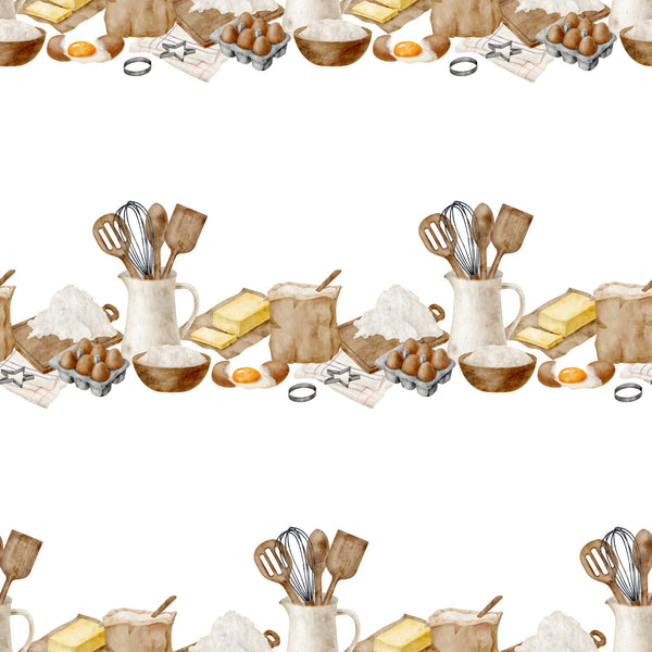 watercolor baking, kitchen utensils, cooking ingredients, eggs, flour, butter, whisk, spatula, mixing bowl, brown tones, cream colors, beige palette, baking theme, culinary pattern,, fabric panel, cooking motif, kitchen design, soft watercolors, repeating pattern