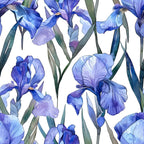 iris flowers, purple blooms, blue petals, lavender shades, floral pattern, botanical design, watercolor style, green leaves, stems,, fabric panel, spring flowers, garden theme, repeating pattern, soft pastels, artistic florals, nature motif, blooming irises