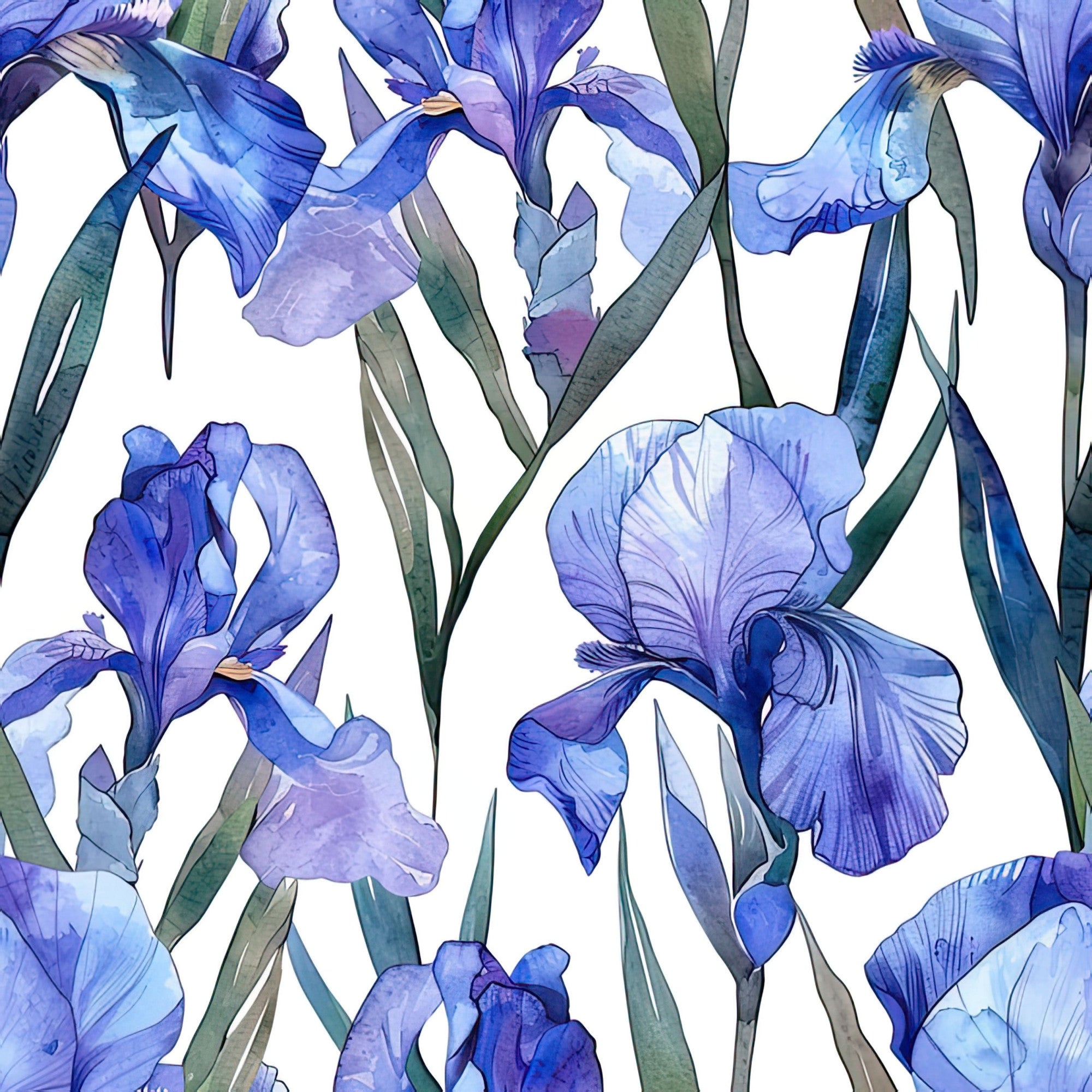 iris flowers, purple blooms, blue petals, lavender shades, floral pattern, botanical design, watercolor style, green leaves, stems,, fabric panel, spring flowers, garden theme, repeating pattern, soft pastels, artistic florals, nature motif, blooming irises