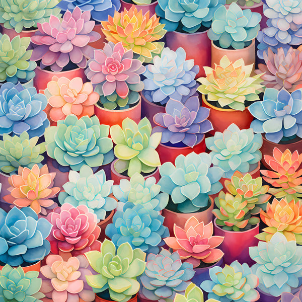 succulent, pastel pink, coral pink, soft blue, mint green, pale yellow, lavender purple, peachy orange, soft coral, watercolor, botanical, floral, whimsical, modern, playful, nature, spring, summer, garden theme, kids room, nursery, playroom, cute, colorful, multi-colored, dimensional petals, layered flowers, vibrant pastels, artistic, illustration style
