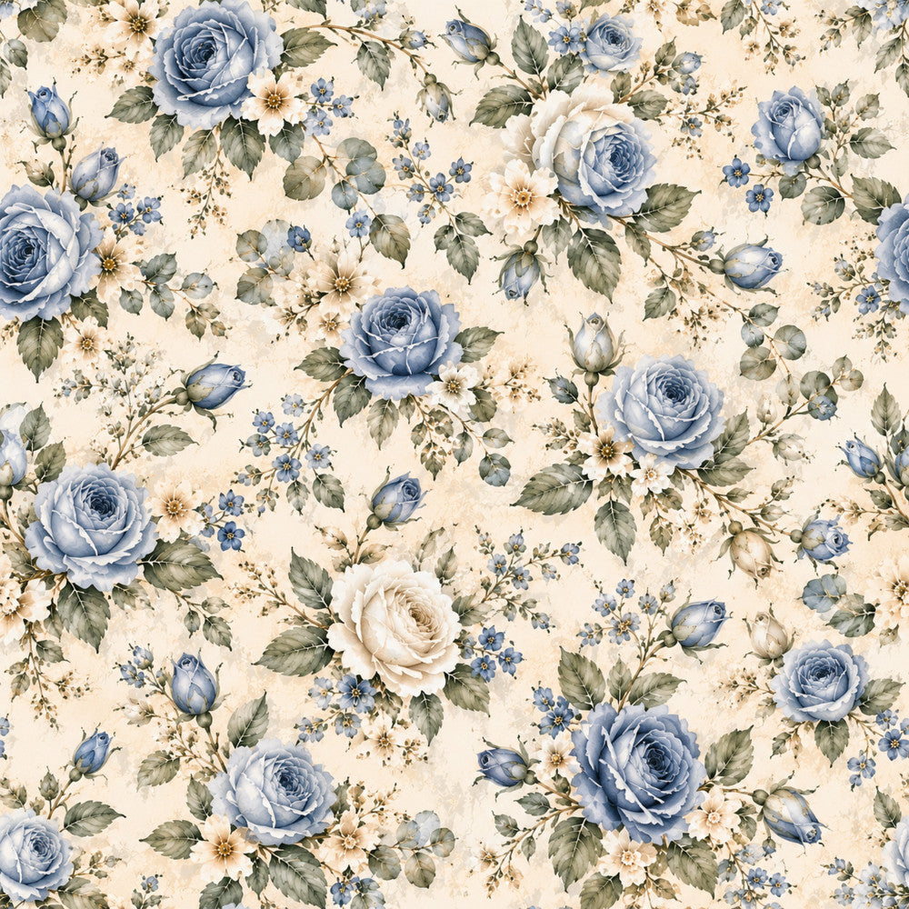 blue roses, dusty blue, cream, ivory, soft blue, sage green, floral pattern, vintage floral, garden flowers, romantic, elegant, traditional, botanical, rose buds, white roses, small flowers, delicate florals, cottage core, farmhouse, timeless, classic, antique, heirloom, nature themed, spring florals, summer flowers, gentle, feminine, shabby chic