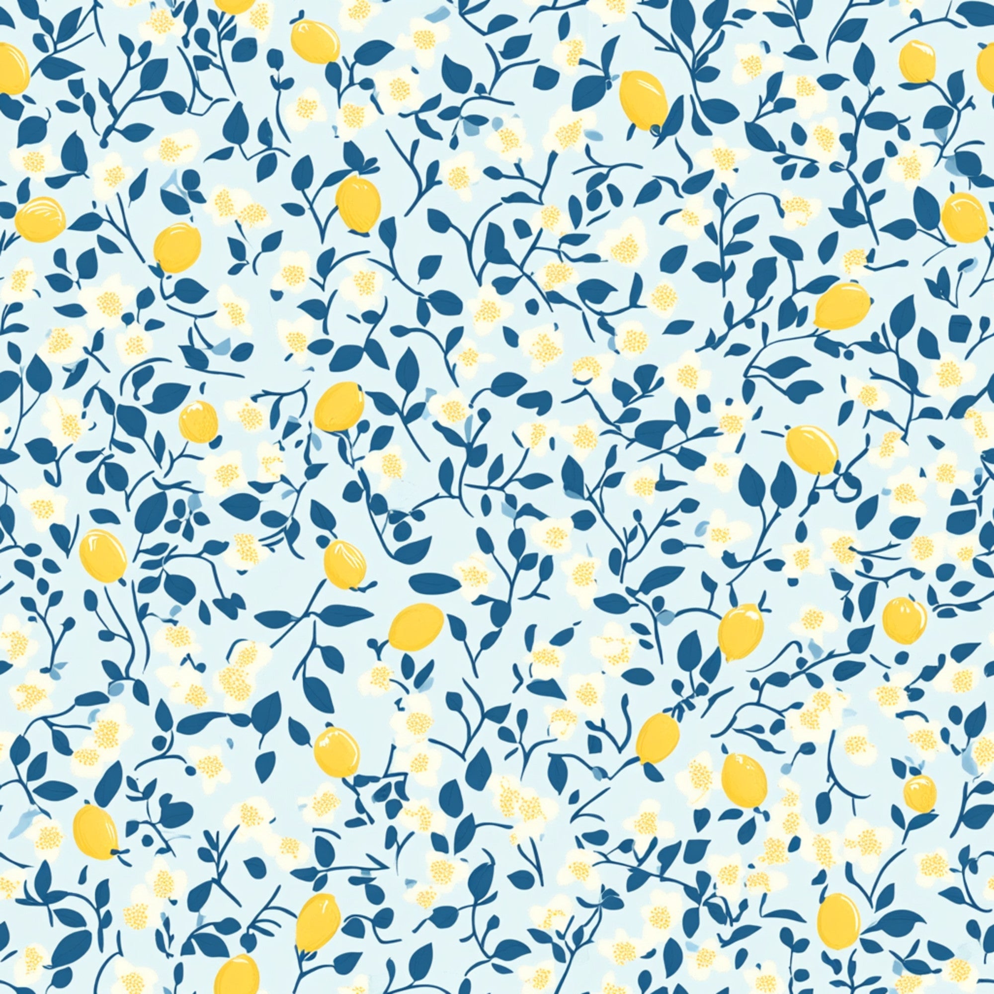 yellow lemons, blue leaves, white background, floral pattern, botanical design, shabby chic, vintage style,, fabric panel, citrus fruits, delicate branches, soft pastels, romantic mood, cottage core, nature motifs, scattered florals, whimsical design, crafting material