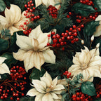christmas florals, holiday flowers, red berries, cream flowers, ivory blooms, dark green leaves, pine needles, evergreen branches, holly leaves, winter botanicals, festive pattern, seasonal motif,, fabric panel, floral design, holiday crafting, christmas sewing, botanical illustration, winter blooms, holiday greenery