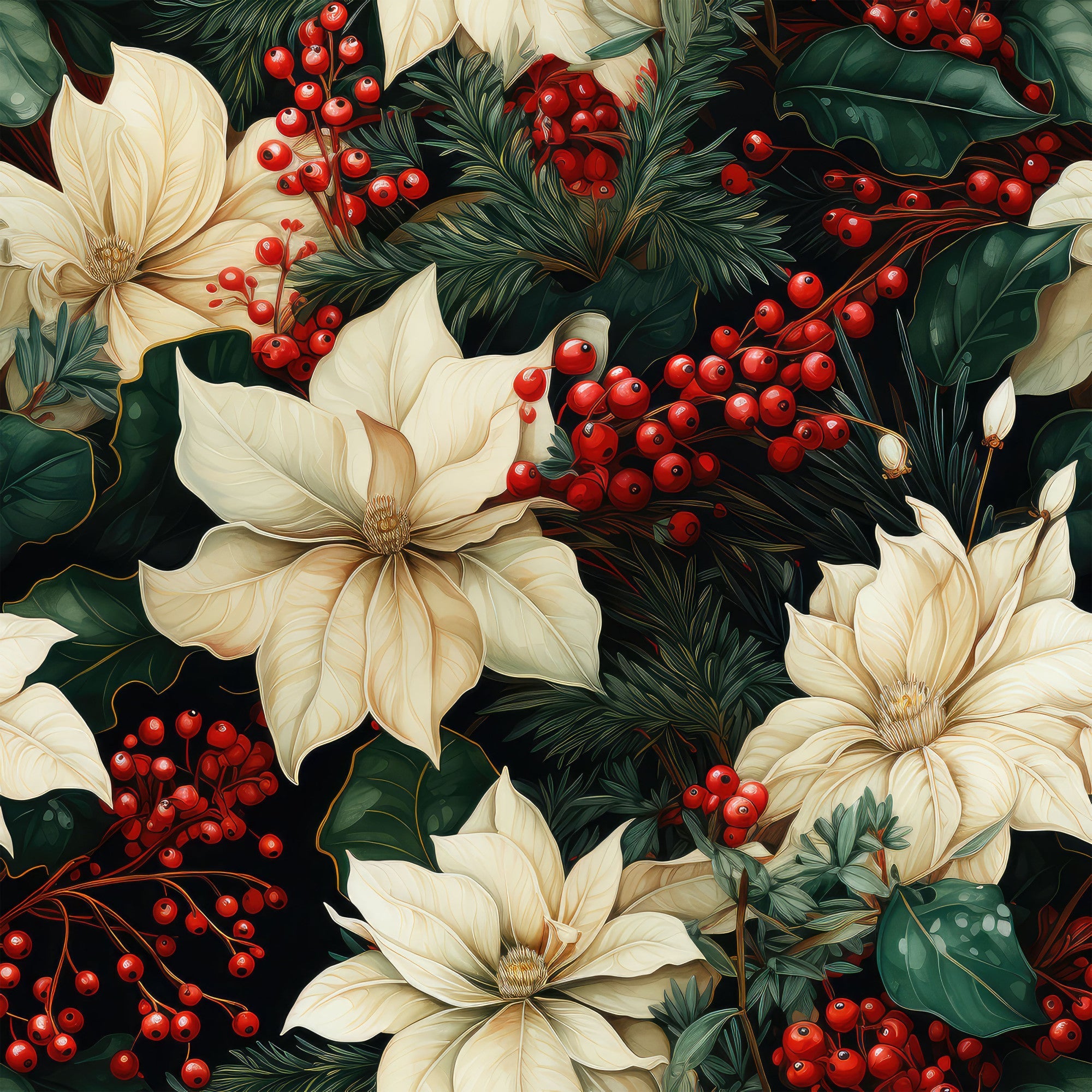 christmas florals, holiday flowers, red berries, cream flowers, ivory blooms, dark green leaves, pine needles, evergreen branches, holly leaves, winter botanicals, festive pattern, seasonal motif,, fabric panel, floral design, holiday crafting, christmas sewing, botanical illustration, winter blooms, holiday greenery
