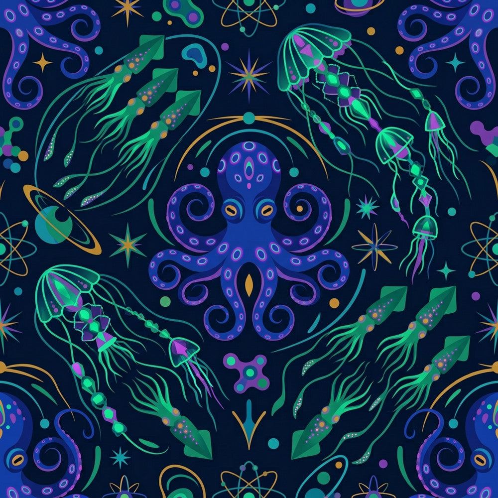 navy blue, neon green, cyan, purple, magenta, golden yellow, deep space blue, bioluminescent, ocean themed, celestial, cosmic, space, octopus, jellyfish, squid, rockets, planets, stars, atoms, sci-fi, science fiction, futuristic, whimsical, vibrant, neon glow, psychedelic, modern, kids room, playroom, space lover