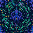navy blue, neon green, cyan, purple, magenta, golden yellow, deep space blue, bioluminescent, ocean themed, celestial, cosmic, space, octopus, jellyfish, squid, rockets, planets, stars, atoms, sci-fi, science fiction, futuristic, whimsical, vibrant, neon glow, psychedelic, modern, kids room, playroom, space lover