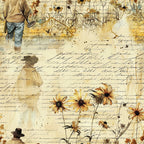 cream, beige, golden yellow, brown, farm workers, sunflowers, vintage style, script writing, handwritten text, rural scenes, cotton fabric, quilting panel, aged appearance, weathered look, botanical elements, country life, pastoral theme, sepia tones, distressed texture, farming motifs