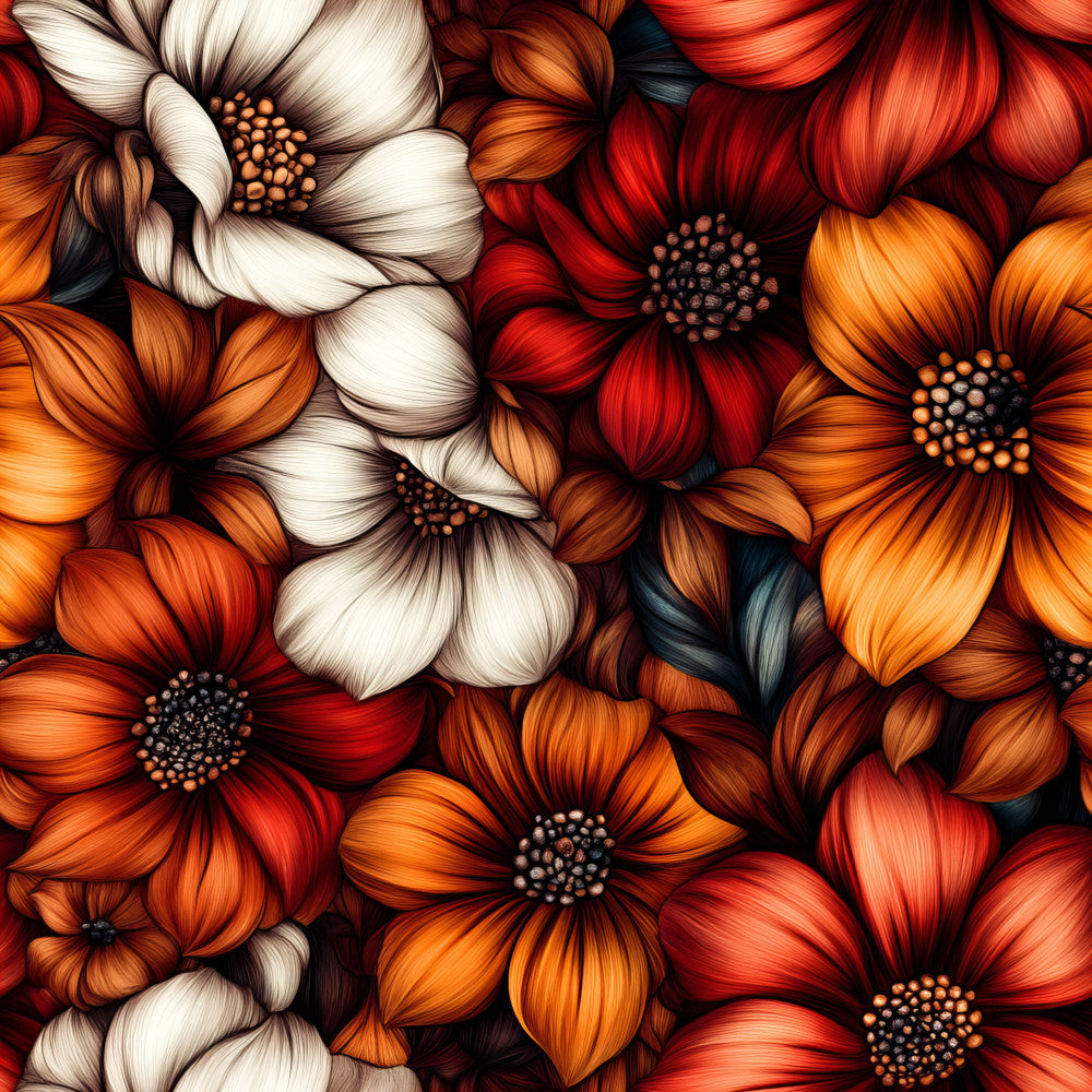 warm red, burnt orange, cream white, golden orange, deep red, warm autumn tones, floral, daisy, cosmos flower, nature, botanical, autumn, fall, whimsical, vibrant, bold, colorful, garden flowers, multi-color, seasonal, warm colors, bright flowers, detailed petals, striped petals, artistic, illustration style, decorative, ornamental, warm palette