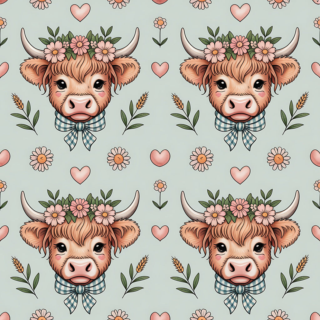 highland cow, bovine heads, floral crown, pink flowers, green leaves, checkered bow, blue gingham, cream horns, orange fur, pink hearts, wheat stalks, cottage core, pastoral theme,, fabric panel, repeating pattern, cute animals, farmhouse style, soft pastels, sage green background
