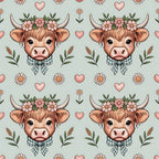 highland cow, bovine heads, floral crown, pink flowers, green leaves, checkered bow, blue gingham, cream horns, orange fur, pink hearts, wheat stalks, cottage core, pastoral theme,, fabric panel, repeating pattern, cute animals, farmhouse style, soft pastels, sage green background