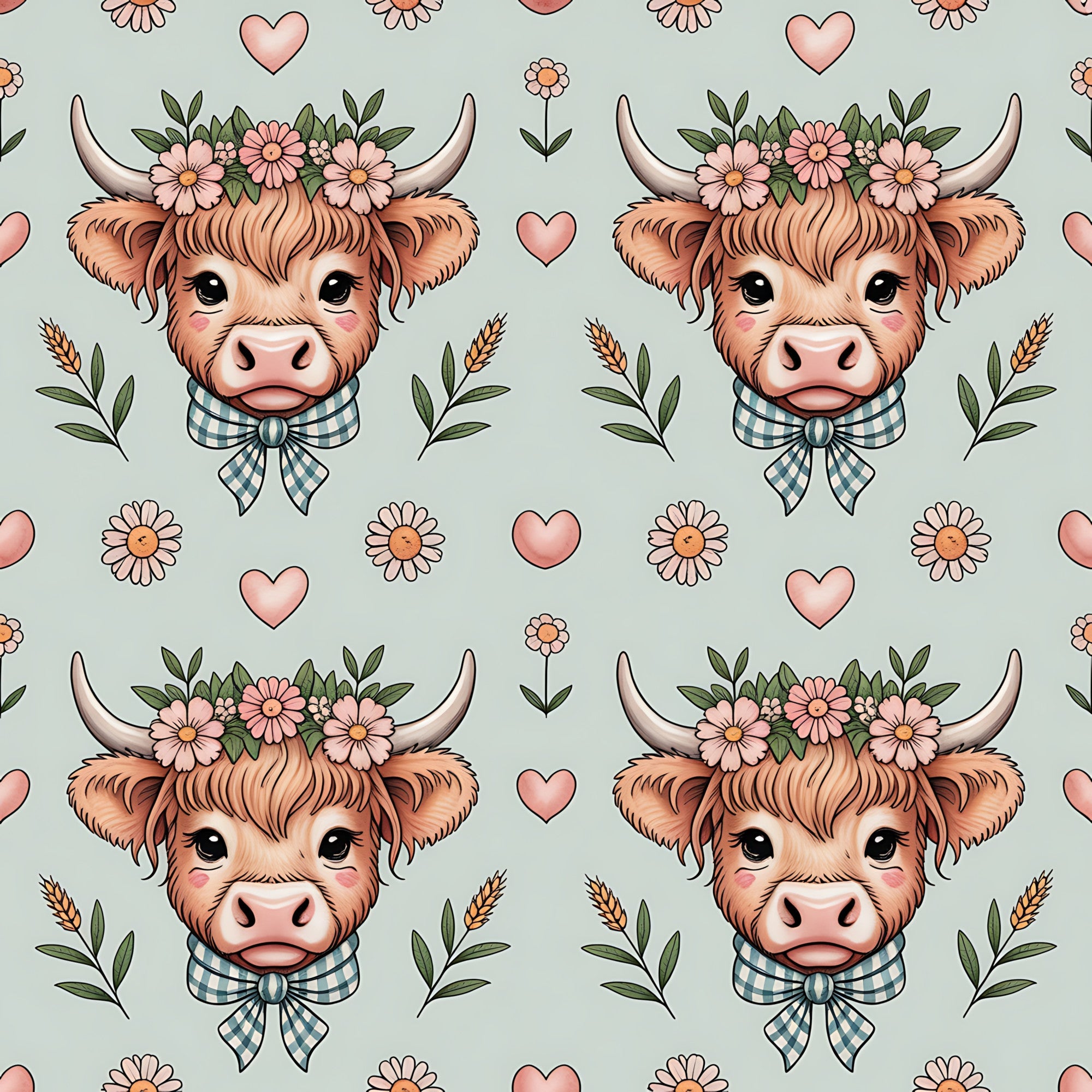 highland cow, bovine heads, floral crown, pink flowers, green leaves, checkered bow, blue gingham, cream horns, orange fur, pink hearts, wheat stalks, cottage core, pastoral theme,, fabric panel, repeating pattern, cute animals, farmhouse style, soft pastels, sage green background