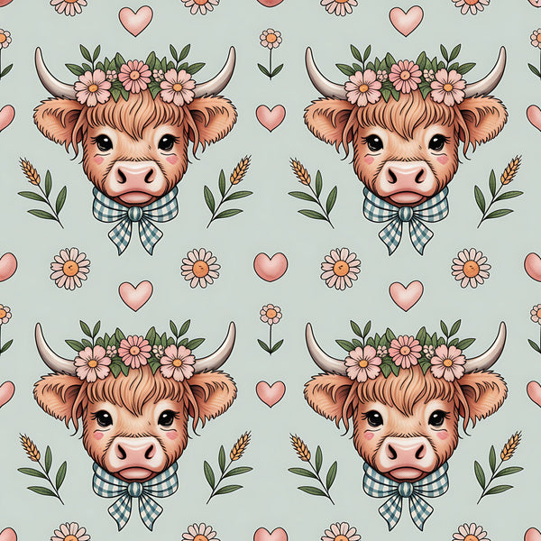highland cow, bovine heads, floral crown, pink flowers, green leaves, checkered bow, blue gingham, cream horns, orange fur, pink hearts, wheat stalks, cottage core, pastoral theme,, fabric panel, repeating pattern, cute animals, farmhouse style, soft pastels, sage green background
