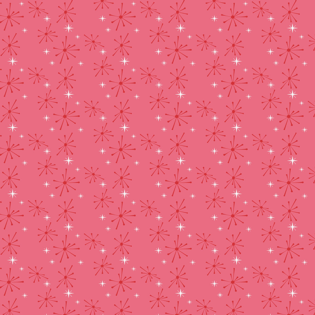 coral pink, salmon pink, white, starburst pattern, atomic design, mid-century modern, retro style, geometric shapes, radiating lines, sparkle motif, 1950s aesthetic, vintage inspired,, fabric panel, repetitive pattern, nostalgic feel, diner theme, starlike designs, coordinating colors, crafting material