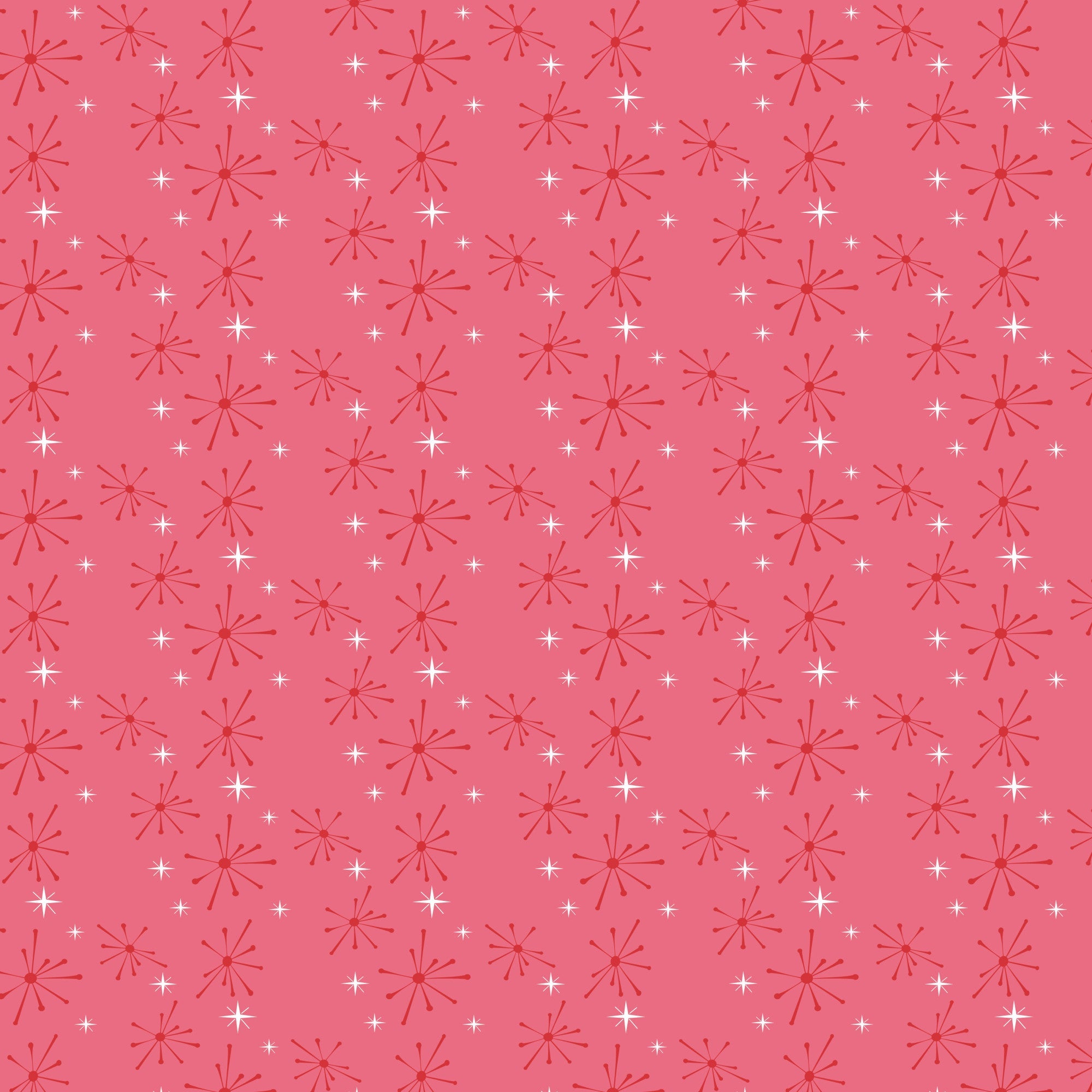 coral pink, salmon pink, white, starburst pattern, atomic design, mid-century modern, retro style, geometric shapes, radiating lines, sparkle motif, 1950s aesthetic, vintage inspired,, fabric panel, repetitive pattern, nostalgic feel, diner theme, starlike designs, coordinating colors, crafting material