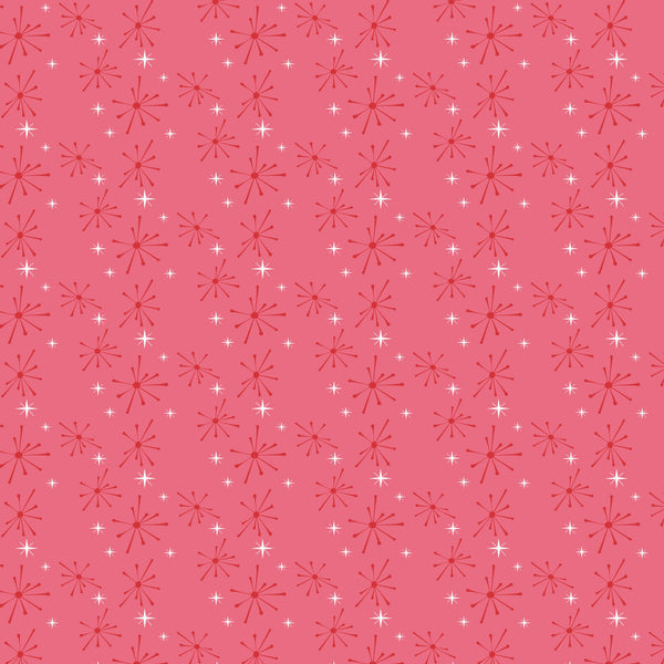 coral pink, salmon pink, white, starburst pattern, atomic design, mid-century modern, retro style, geometric shapes, radiating lines, sparkle motif, 1950s aesthetic, vintage inspired,, fabric panel, repetitive pattern, nostalgic feel, diner theme, starlike designs, coordinating colors, crafting material