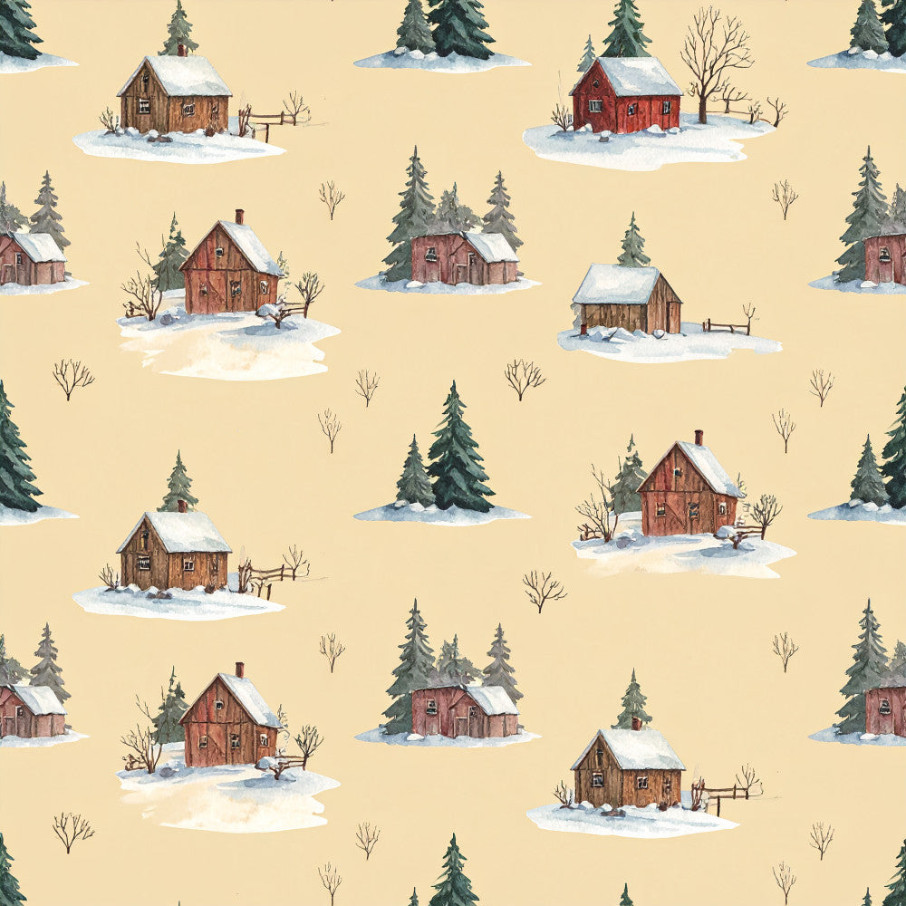 cream background, red barn, forest green trees, winter snow, rustic farmhouse, countryside cottage, rural landscape, holiday winter, cozy cabin, vintage farmstead, bare branches, evergreen trees, snowy landscape, traditional country, whimsical winter scene, pastoral theme, seasonal winter, kids room, playroom, nature lover, farm animals setting, nostalgic americana, storybook illustration, winter wonderland, rustic charm, peaceful countryside, cold weather theme, classic farmhouse decor