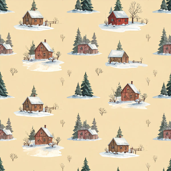 cream background, red barn, forest green trees, winter snow, rustic farmhouse, countryside cottage, rural landscape, holiday winter, cozy cabin, vintage farmstead, bare branches, evergreen trees, snowy landscape, traditional country, whimsical winter scene, pastoral theme, seasonal winter, kids room, playroom, nature lover, farm animals setting, nostalgic americana, storybook illustration, winter wonderland, rustic charm, peaceful countryside, cold weather theme, classic farmhouse decor