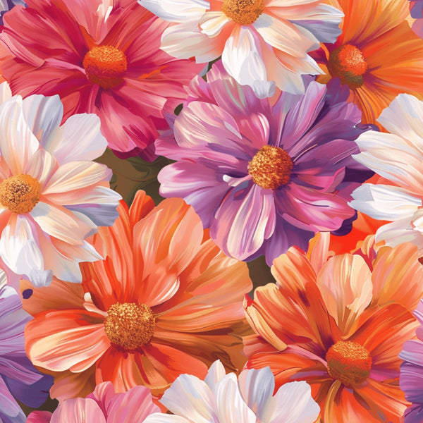 realistic flowers, daisy blooms, coral petals, purple flowers, orange blossoms, pink petals, white daisies, yellow centers, floral pattern, botanical design, overlapping flowers, vibrant colors,, fabric panel, spring flowers, garden blooms, colorful petals, flower patch, nature motif, bright florals
