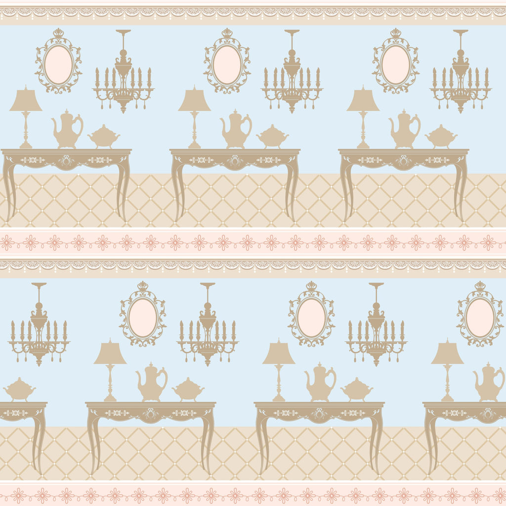pink, beige, blue, tea party, vintage furniture, ornate mirrors, chandeliers, teapots, table lamps, decorative tables, floral border,, fabric panel, elegant pattern, antique style, victorian decor, repeating motif, soft pastels, ornamental design, fancy furnishings