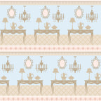 pink, beige, blue, tea party, vintage furniture, ornate mirrors, chandeliers, teapots, table lamps, decorative tables, floral border,, fabric panel, elegant pattern, antique style, victorian decor, repeating motif, soft pastels, ornamental design, fancy furnishings