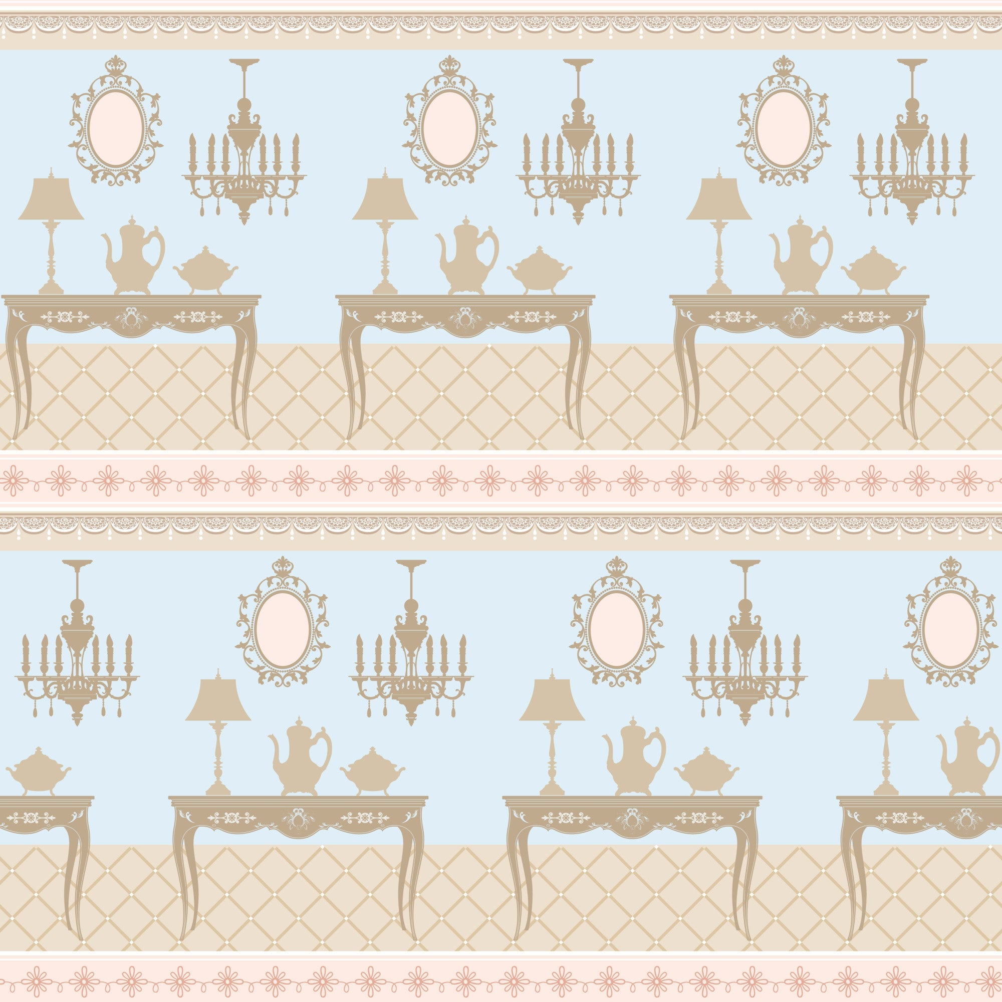 pink, beige, blue, tea party, vintage furniture, ornate mirrors, chandeliers, teapots, table lamps, decorative tables, floral border,, fabric panel, elegant pattern, antique style, victorian decor, repeating motif, soft pastels, ornamental design, fancy furnishings