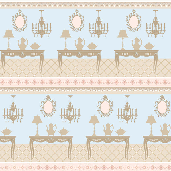 pink, beige, blue, tea party, vintage furniture, ornate mirrors, chandeliers, teapots, table lamps, decorative tables, floral border,, fabric panel, elegant pattern, antique style, victorian decor, repeating motif, soft pastels, ornamental design, fancy furnishings