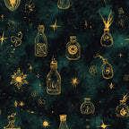 forest green, dark teal, gold, golden yellow, celestial, magical, mystical, witchy, potion bottles, stars, sparkles, sun, moon, enchanted, mystical potions, apothecary, alchemy, magical items, whimsical, fantasy, dark academia, gothic, elegant, boho, bohemian, occult aesthetic, nursery, kids room, playroom