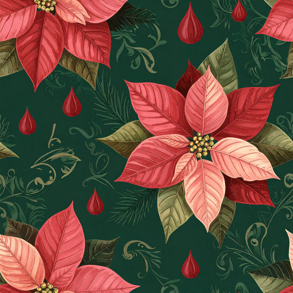 forest green, coral pink, cream, gold, red, poinsettia, floral, botanical, holiday, christmas, festive, elegant, traditional, vintage, nature, poinsettias, berries, leaves, decorative flourishes, winter, seasonal, romantic, classic, ornamental, timeless, celebration, decorative foliage, red flowers, golden accents
