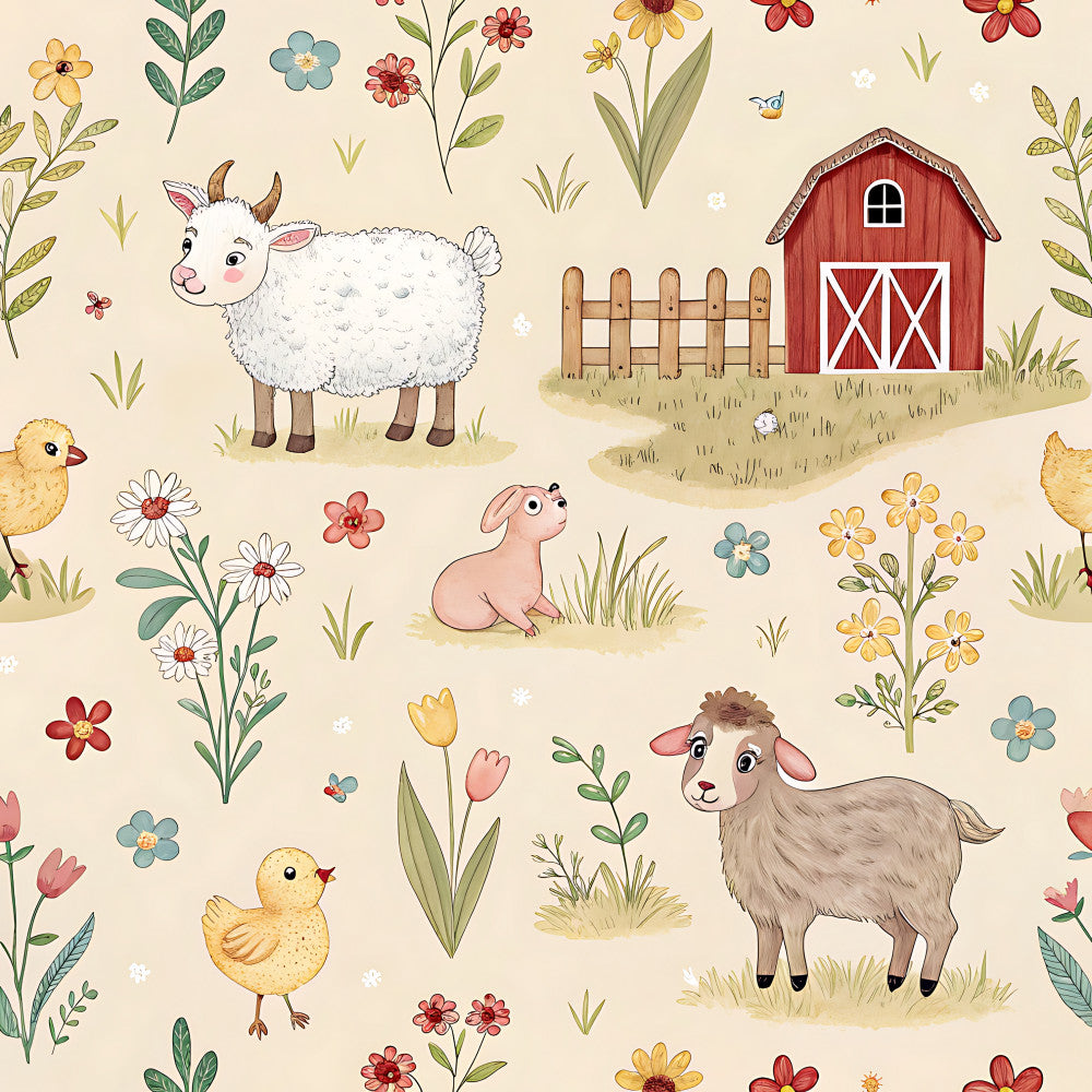 cream, beige, soft yellow, dusty rose, coral pink, barn red, sage green, light blue, farmhouse, rustic, whimsical, pastoral, farm animals, goat, sheep, chicken, duck, flowers, wildflowers, daisies, tulips, grass, countryside, spring, nature, nursery, playroom, kids room, baby shower, vintage farm