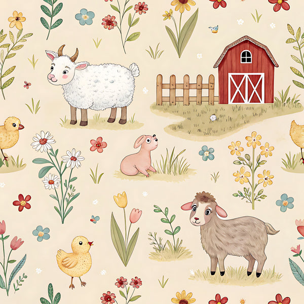 cream, beige, soft yellow, dusty rose, coral pink, barn red, sage green, light blue, farmhouse, rustic, whimsical, pastoral, farm animals, goat, sheep, chicken, duck, flowers, wildflowers, daisies, tulips, grass, countryside, spring, nature, nursery, playroom, kids room, baby shower, vintage farm