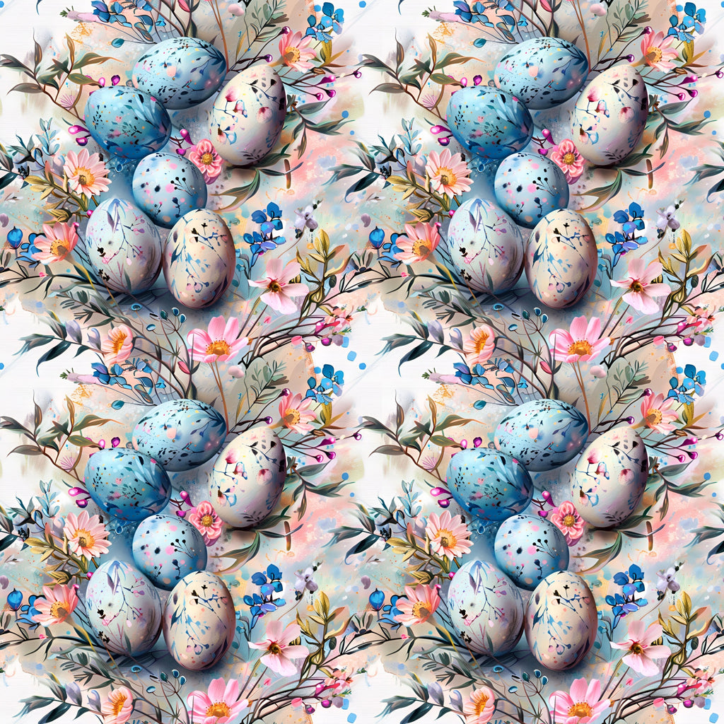 easter eggs, boho style, floral pattern, spring flowers, watercolor style, pastel colors, blue eggs, pink flowers, botanical elements, repeating pattern,, fabric panel, delicate florals, speckled eggs, nature motifs, soft pastels, seamless design, whimsical style, easter theme, artistic eggs