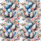 easter eggs, boho style, floral pattern, spring flowers, watercolor style, pastel colors, blue eggs, pink flowers, botanical elements, repeating pattern,, fabric panel, delicate florals, speckled eggs, nature motifs, soft pastels, seamless design, whimsical style, easter theme, artistic eggs