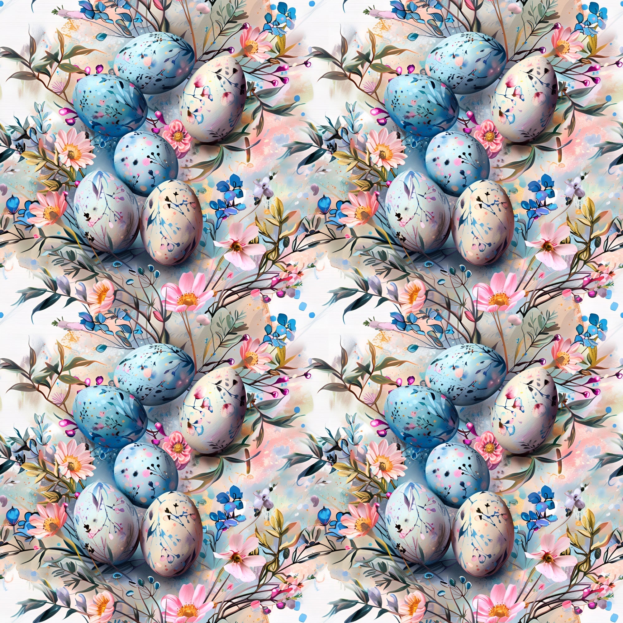 easter eggs, boho style, floral pattern, spring flowers, watercolor style, pastel colors, blue eggs, pink flowers, botanical elements, repeating pattern,, fabric panel, delicate florals, speckled eggs, nature motifs, soft pastels, seamless design, whimsical style, easter theme, artistic eggs