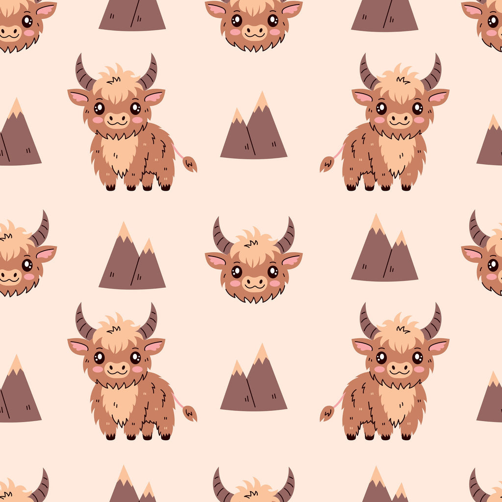 cute baby cows, highland cattle, kawaii style, brown animals, peach background, mountain peaks, cartoon illustration,, fabric panel, adorable faces, fluffy fur, horned animals, repeating pattern, nursery design, soft pastels, whimsical characters, farm animals, cozy aesthetic, children's fabric