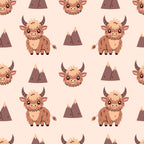 cute baby cows, highland cattle, kawaii style, brown animals, peach background, mountain peaks, cartoon illustration,, fabric panel, adorable faces, fluffy fur, horned animals, repeating pattern, nursery design, soft pastels, whimsical characters, farm animals, cozy aesthetic, children's fabric