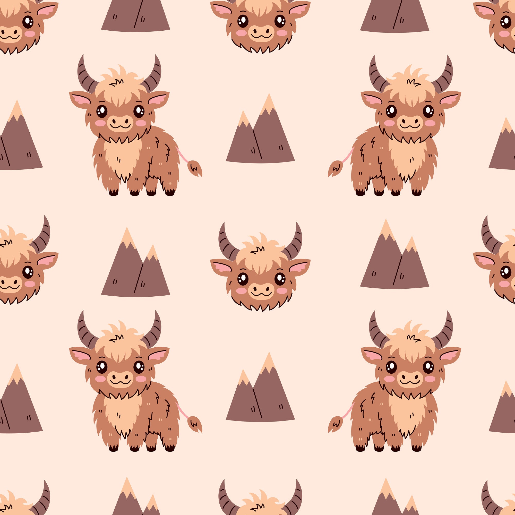 cute baby cows, highland cattle, kawaii style, brown animals, peach background, mountain peaks, cartoon illustration,, fabric panel, adorable faces, fluffy fur, horned animals, repeating pattern, nursery design, soft pastels, whimsical characters, farm animals, cozy aesthetic, children's fabric