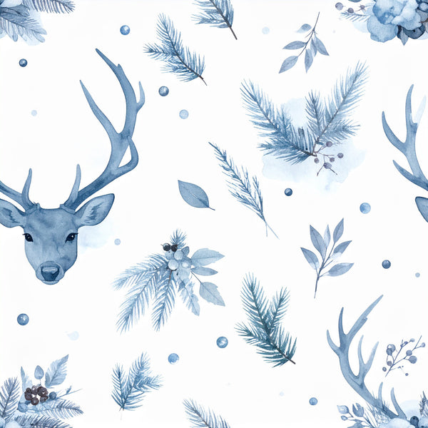 slate blue, dusty blue, watercolor, botanical, deer, winter, woodland, nature, evergreen, pine branches, berries, antler, stag, holiday, christmas, elegant, whimsical, nursery, baby boy, forest animals, rustic, traditional, winter forest, fir branches, celestial blue, soft blue, natural elements, baby shower, kids room, playroom