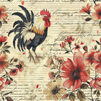 rooster, red flowers, cream background, vintage style, farm animals, floral motifs, coral blooms, black tail feathers, script writing,, fabric panel, country theme, botanical elements, rustic design, beige tones, farmhouse style, chicken illustration, watercolor effect, agricultural motif, pastoral scene