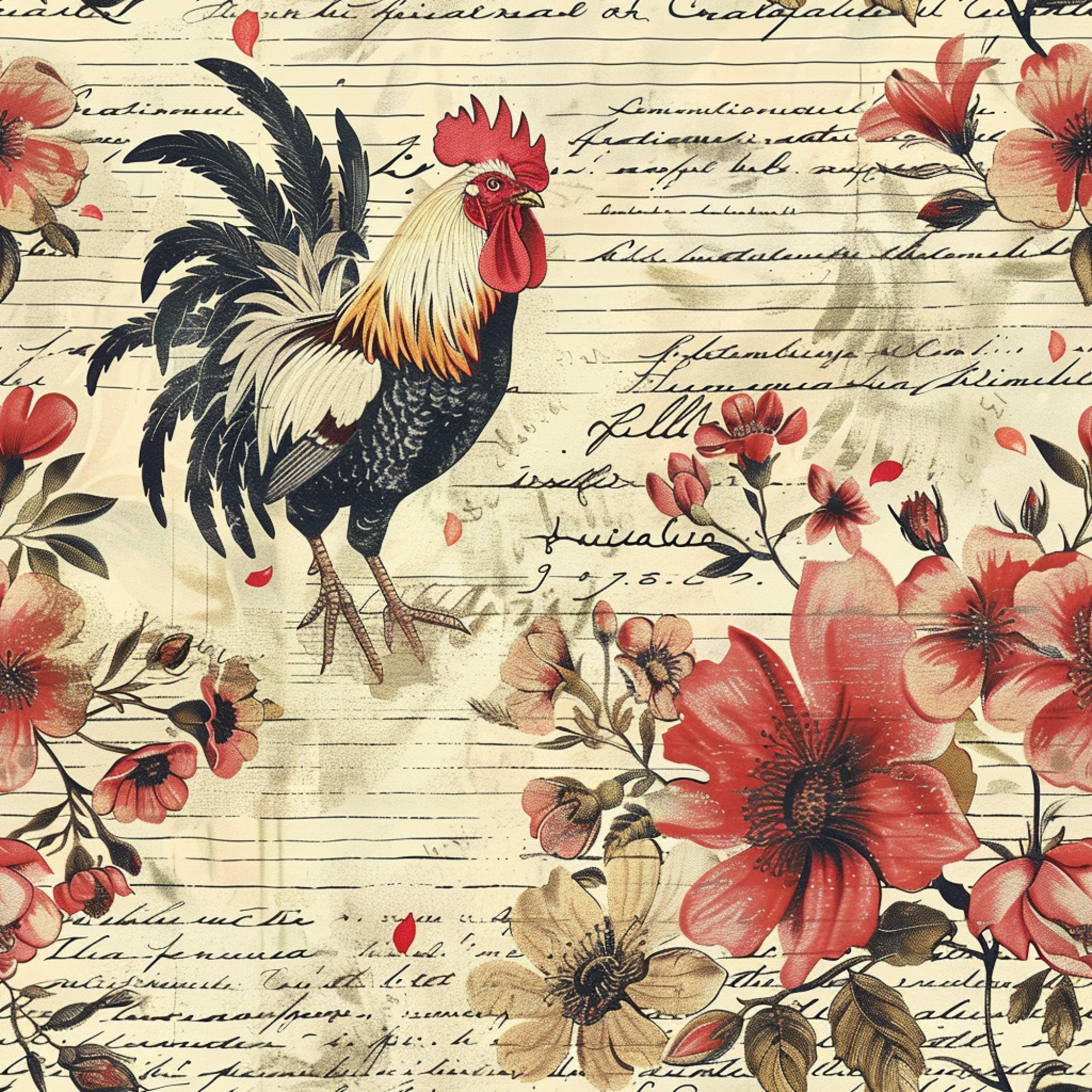rooster, red flowers, cream background, vintage style, farm animals, floral motifs, coral blooms, black tail feathers, script writing,, fabric panel, country theme, botanical elements, rustic design, beige tones, farmhouse style, chicken illustration, watercolor effect, agricultural motif, pastoral scene