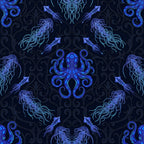 navy blue, deep blue, royal blue, cyan, neon blue, glow-in-the-dark, bioluminescent, octopus, squid, jellyfish, tentacles, sea creatures, marine, ocean, underwater, nautical, celestial, cosmic, dark academia, gothic, elegant, whimsical, ornate, baroque, decorative, steampunk, mystical, fantasy, deep sea, ocean life
