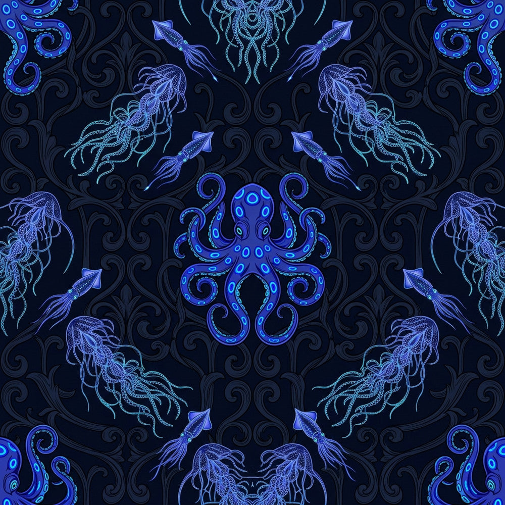 navy blue, deep blue, royal blue, cyan, neon blue, glow-in-the-dark, bioluminescent, octopus, squid, jellyfish, tentacles, sea creatures, marine, ocean, underwater, nautical, celestial, cosmic, dark academia, gothic, elegant, whimsical, ornate, baroque, decorative, steampunk, mystical, fantasy, deep sea, ocean life