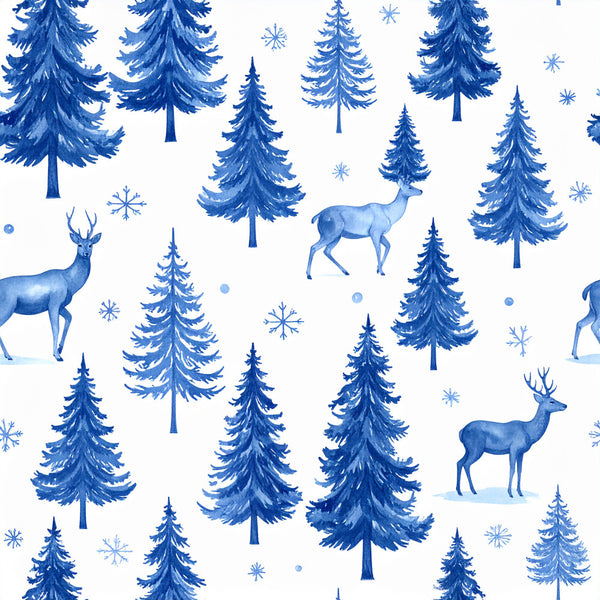 royal blue, navy blue, winter, christmas, holiday, evergreen trees, pine trees, forest, deer, reindeer, wildlife, snowflakes, snow, winter forest, nature, animals, whimsical, festive, cold weather, woodland, snowy landscape, elegant, traditional, scenic, outdoor, winter scene, nursery, kids room, baby, children's