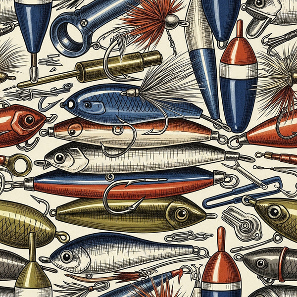 fishing lures, nautical, vintage, fishing tackle, hooks, fishing bobbers, navy blue, cream, rust orange, olive green, red and white, sports, hobbies, fishing theme, outdoorsman, retro, traditional, male themed, masculine, fishing gear, lures and hooks, recreational fishing, cabin decor, lake house, fishing enthusiast, detailed illustration, engraved style, classic design, fishing equipment