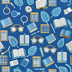 navy blue, royal blue, white, gold accents, books, eyeglasses, magnifying glass, leaves, botanical elements, school supplies, educational theme, scattered pattern, flat design, illustration style,, fabric panel, back to school, academic motifs, reading theme, geometric elements