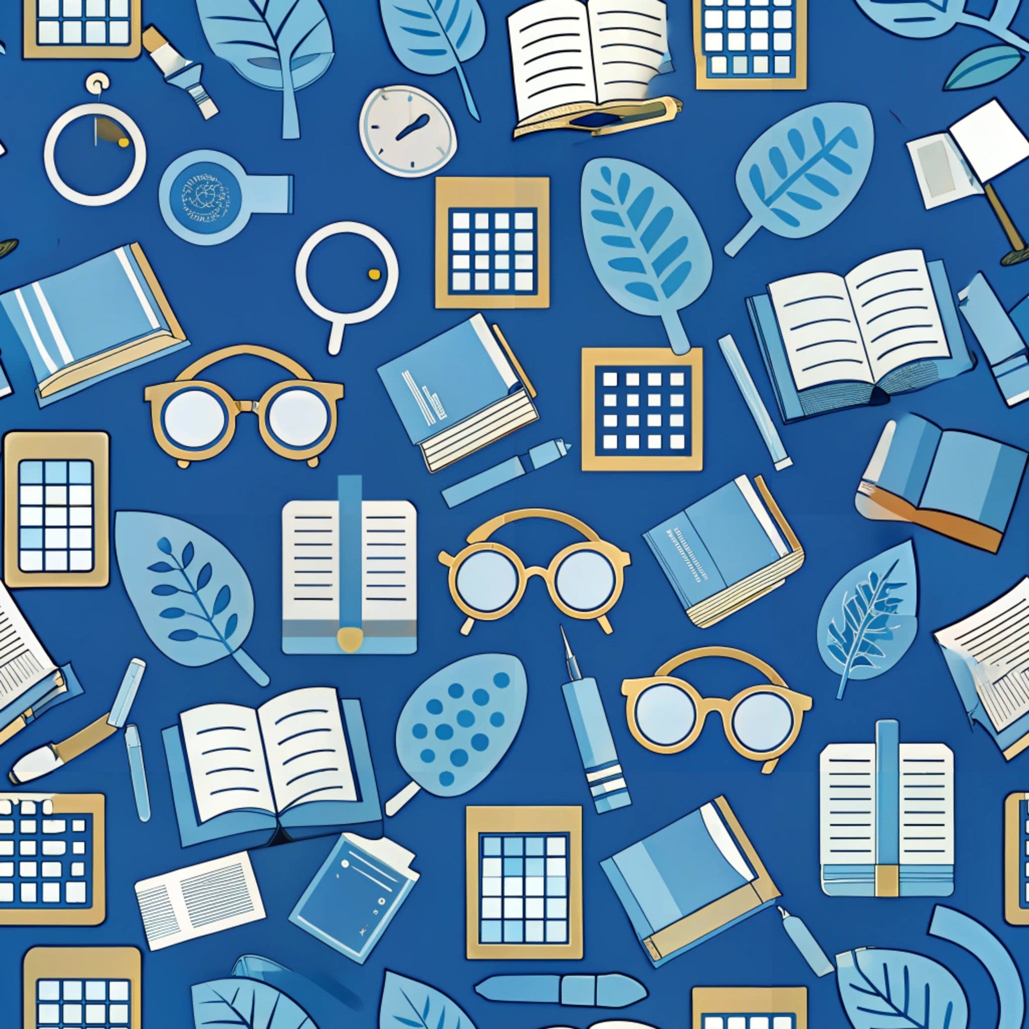 navy blue, royal blue, white, gold accents, books, eyeglasses, magnifying glass, leaves, botanical elements, school supplies, educational theme, scattered pattern, flat design, illustration style,, fabric panel, back to school, academic motifs, reading theme, geometric elements