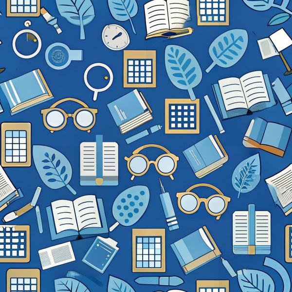 navy blue, royal blue, white, gold accents, books, eyeglasses, magnifying glass, leaves, botanical elements, school supplies, educational theme, scattered pattern, flat design, illustration style,, fabric panel, back to school, academic motifs, reading theme, geometric elements