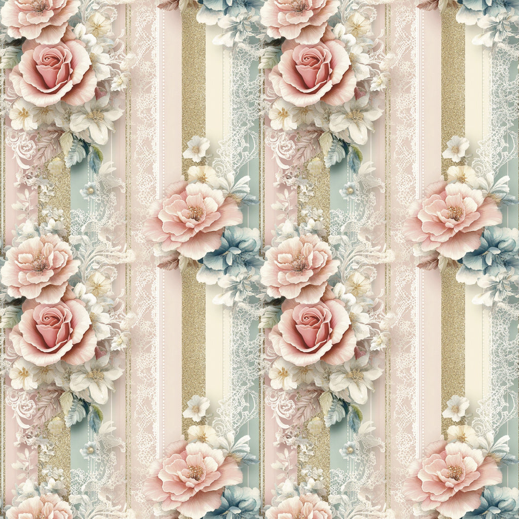 dusty rose, sage green, cream, gold accents, vertical stripes, floral pattern, roses, peonies, botanical design, lace details, pearls, romantic style, vintage aesthetic,, fabric panel, soft pastels, delicate flowers, ornate details, feminine design, shabby chic